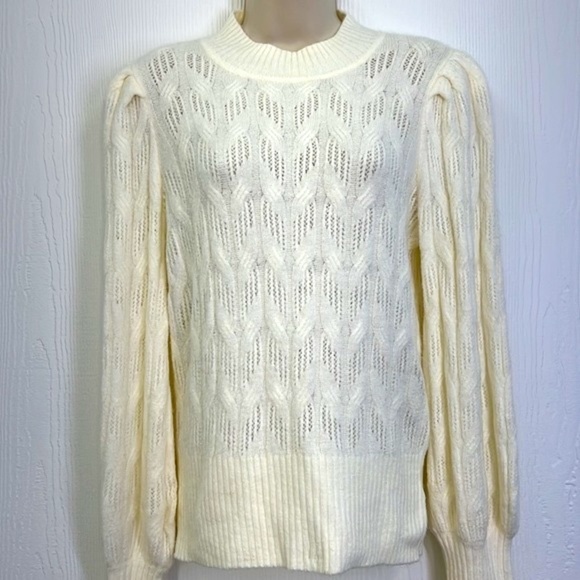 Express - NWT Ivory Knit Design With Puffy Sleeves Sweater Size Small - Picture 3 of 11